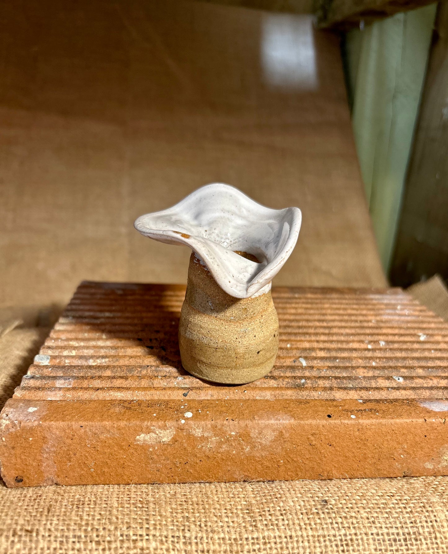 Wobbly Vase Brown and White Frilled Neck